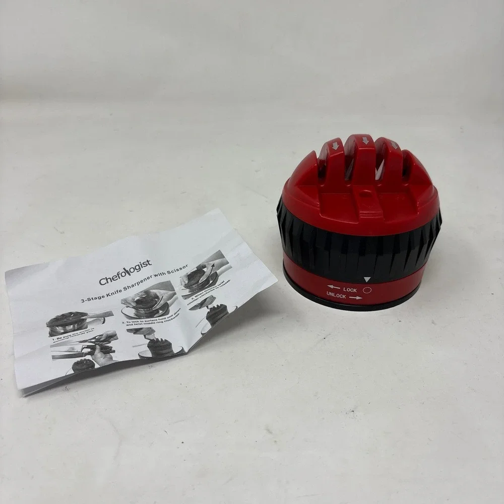 Chefologist 3-Stage Knife Sharpener with Scissor Red Black Suction Base Kitchen